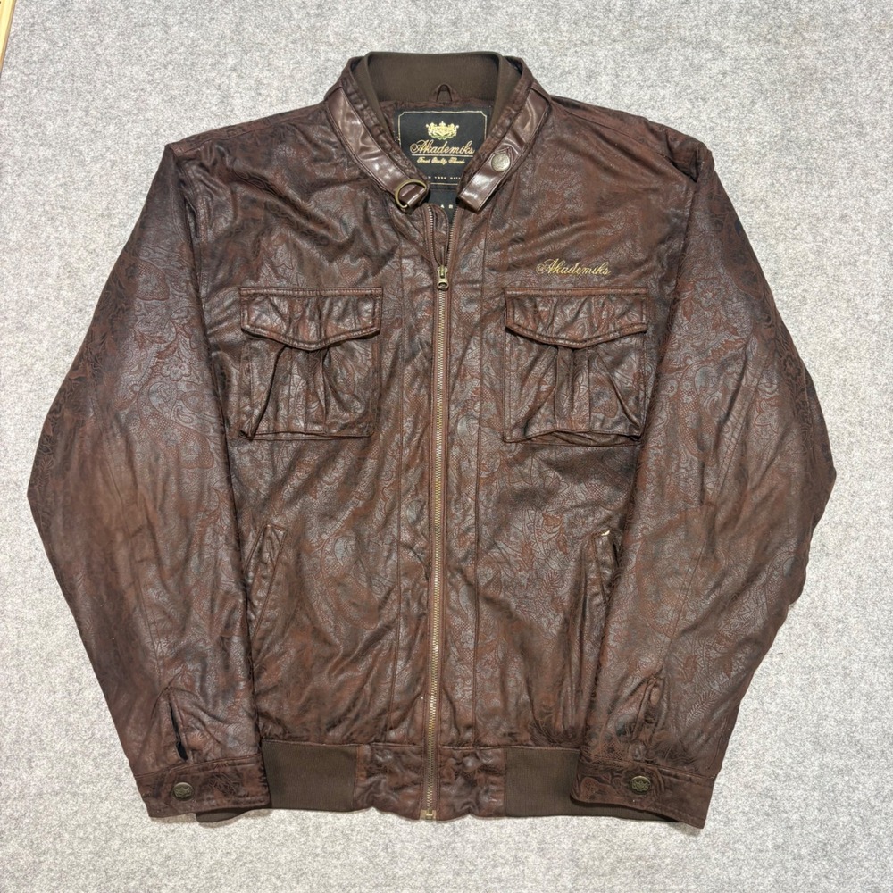 Akademiks Mens Paisley Embossed Faux Leather Bomber Jacket Brown XL Streetwear